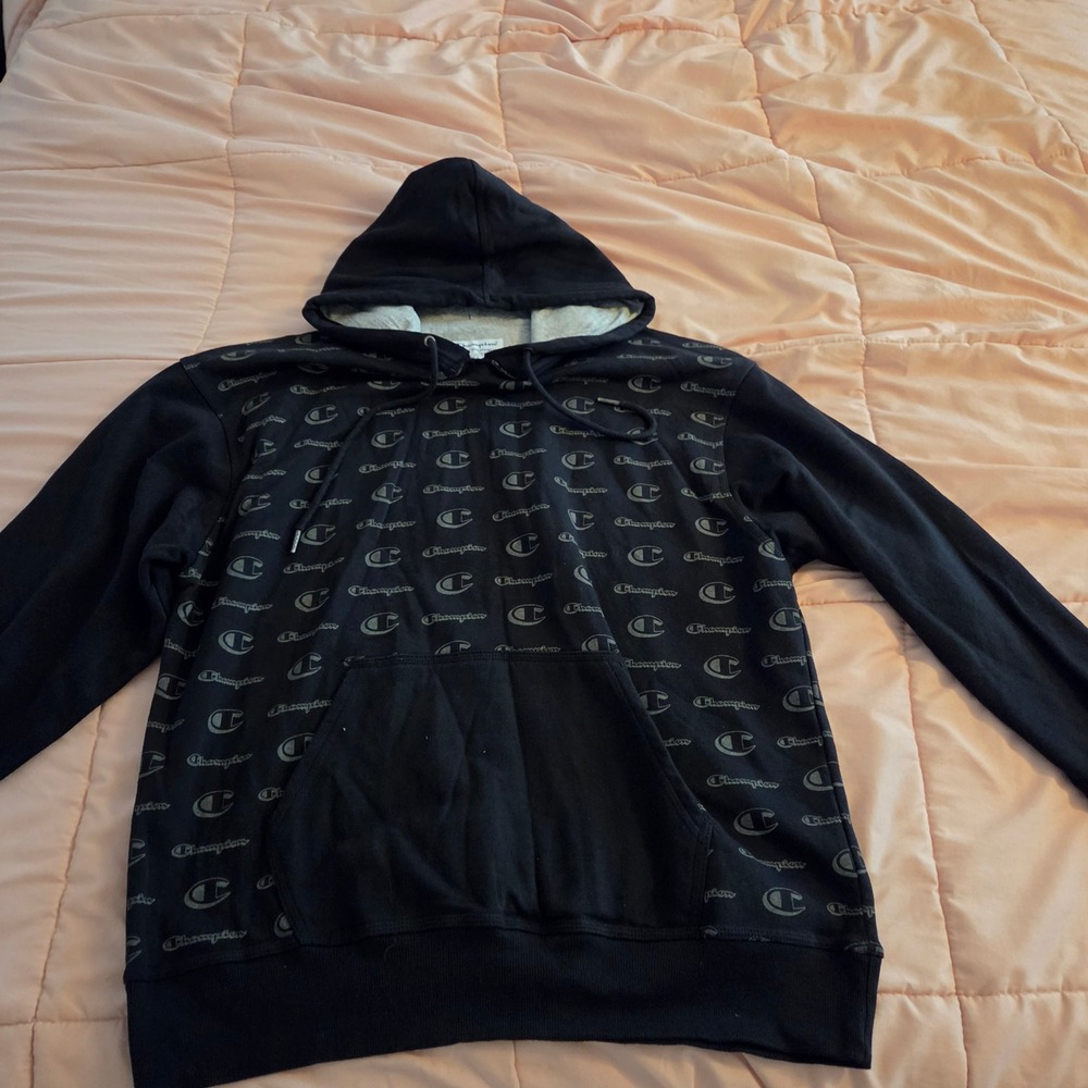 Champion Mens All Over Logo Print Pullover Hoodie Black Grey Large S5448P
